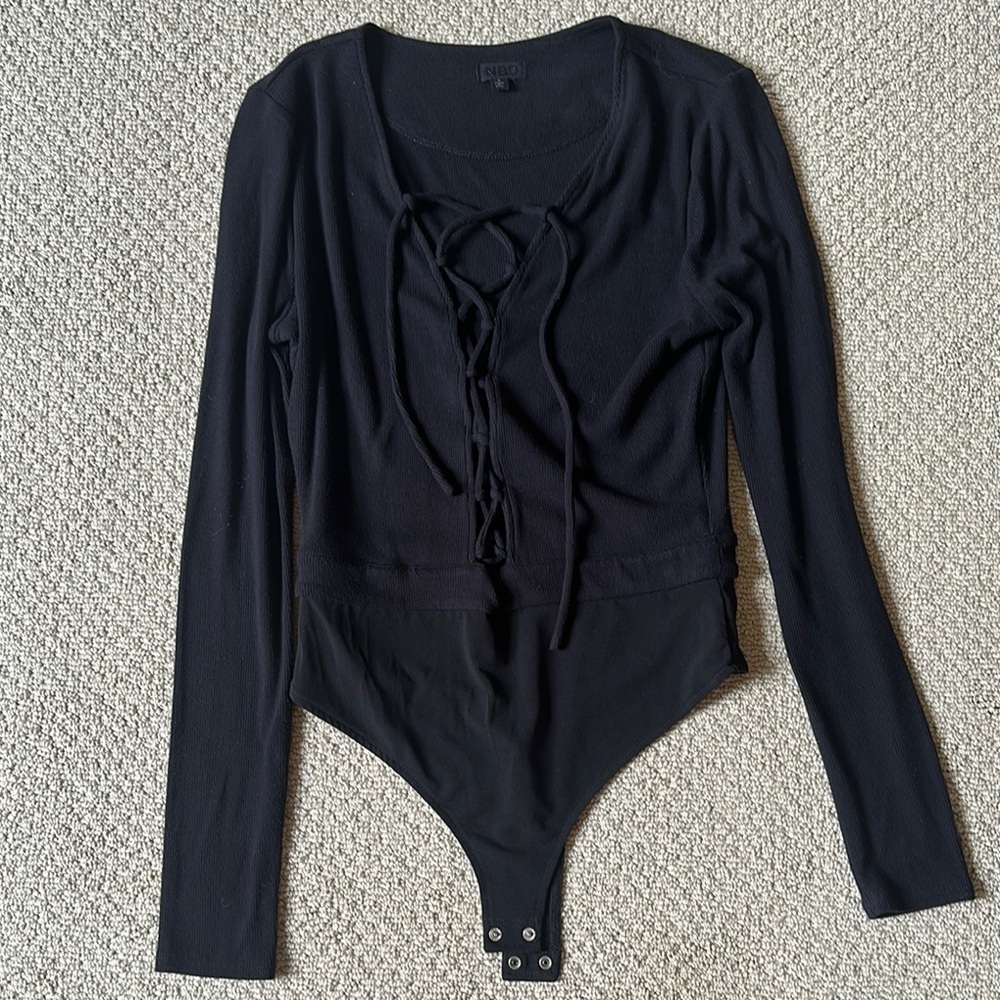 NBD Gray Long Sleeve Fitted Bodysuit with Tie Front